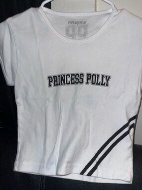 Princess Polly White Tee w/ Black Logo & Stripes & PP logo back Size Medium NWOT